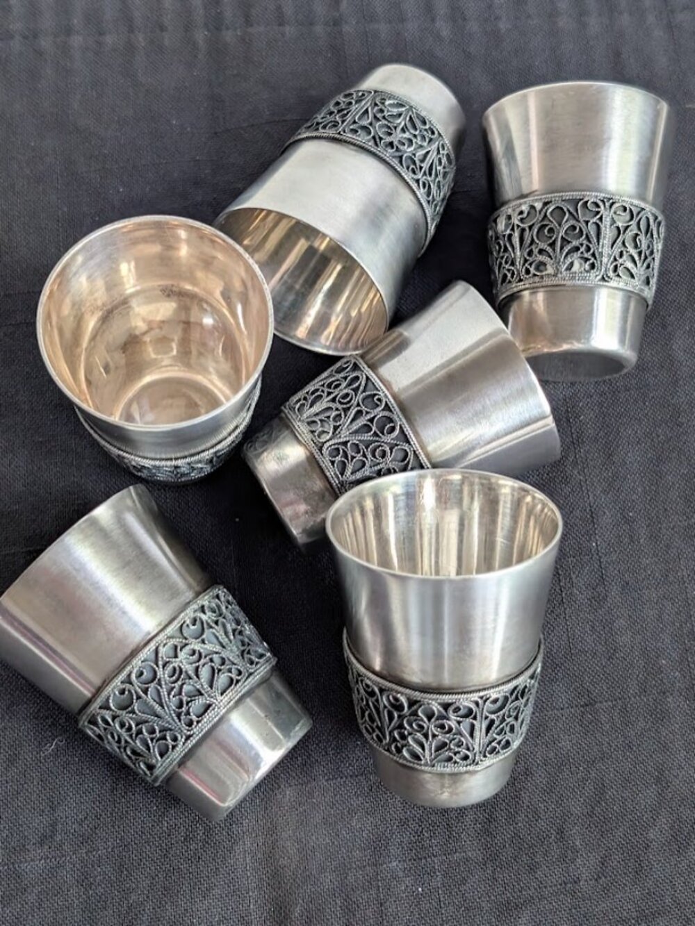Hommet Russian Silver Filagree Hand Made 610MMET 6 Shot Cups Vodka Cordial Set